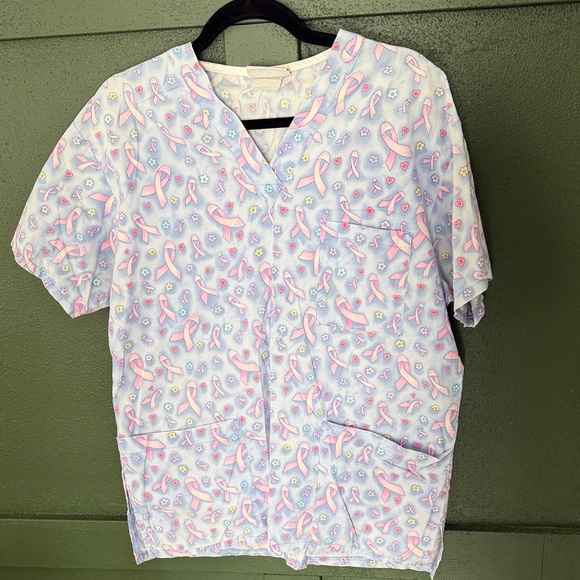 Peaches Uniforms Tops - Peaches Uniforms Blue and Pink Ribbon Scrub Top